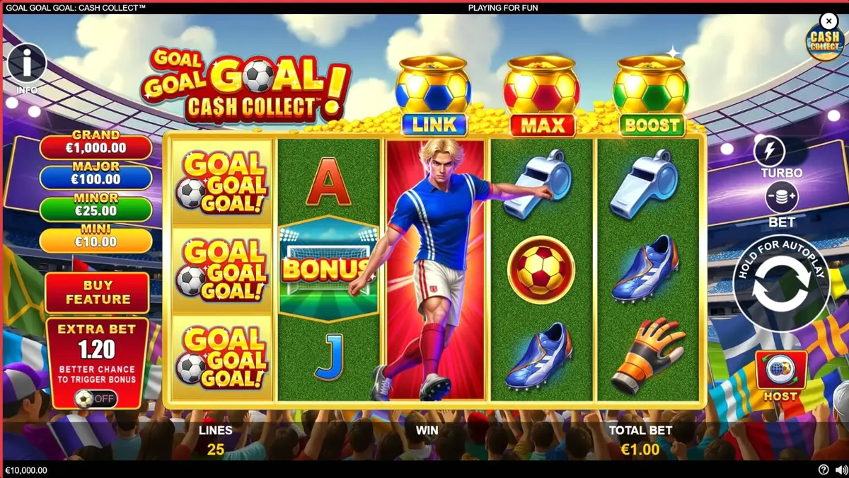 Tampilan visual slot Goal Goal Goal: Cash Collect dengan tema stadion sepak bola yang meriah