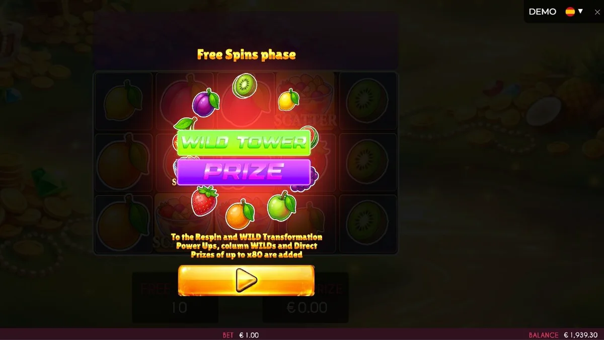 Tampilan visual slot Fruits Madness dengan simbol buah yang cerah dan fitur Wild Tower.