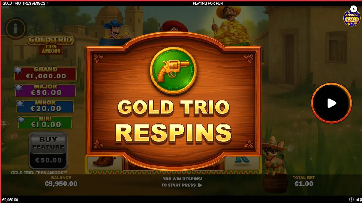 Tampilan visual slot Gold Trio: Tres Amigos dengan tema fiesta Meksiko